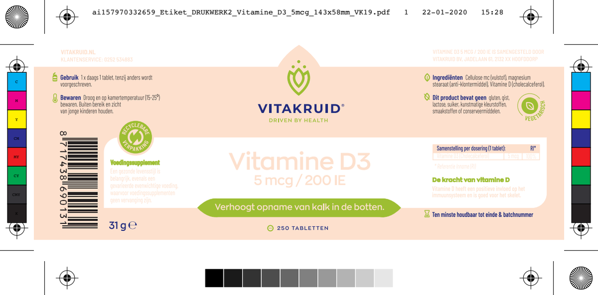Vitamine D3 5 mcg / 200 IE Tabletten afbeelding van document #1, label