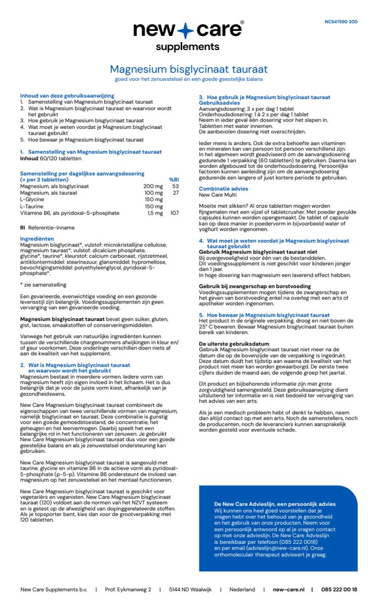 Magnesium Bisglycinaat Tauraat Tabletten afbeelding van document #1, instructions