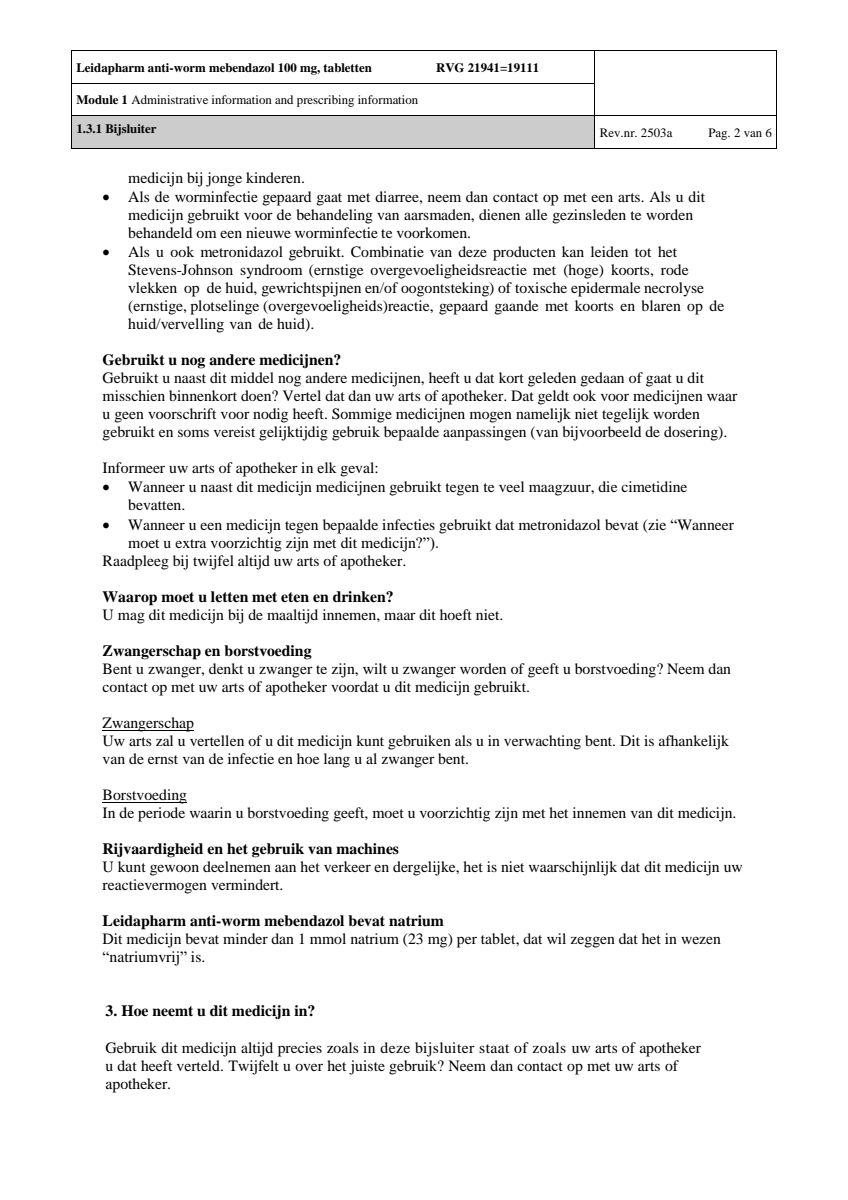 Anti Worm Mebendazol 100mg Tabletten afbeelding van document #2, leaflet