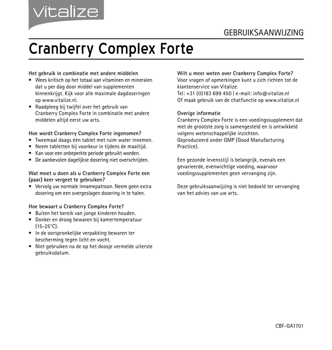 Cranberry Complex Forte Tabletten afbeelding van document #2, instructions