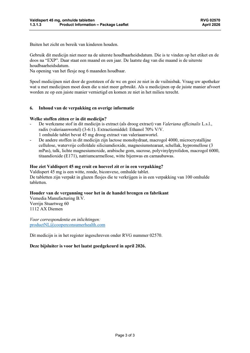 45 mg Valeriaanextract Tabletten - bij lichte vormen van nervositeit en spanning - afbeelding van document #3, leaflet
