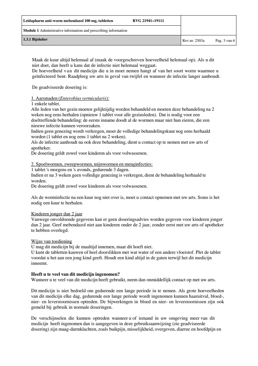 Anti Worm Mebendazol 100mg Tabletten afbeelding van document #3, leaflet