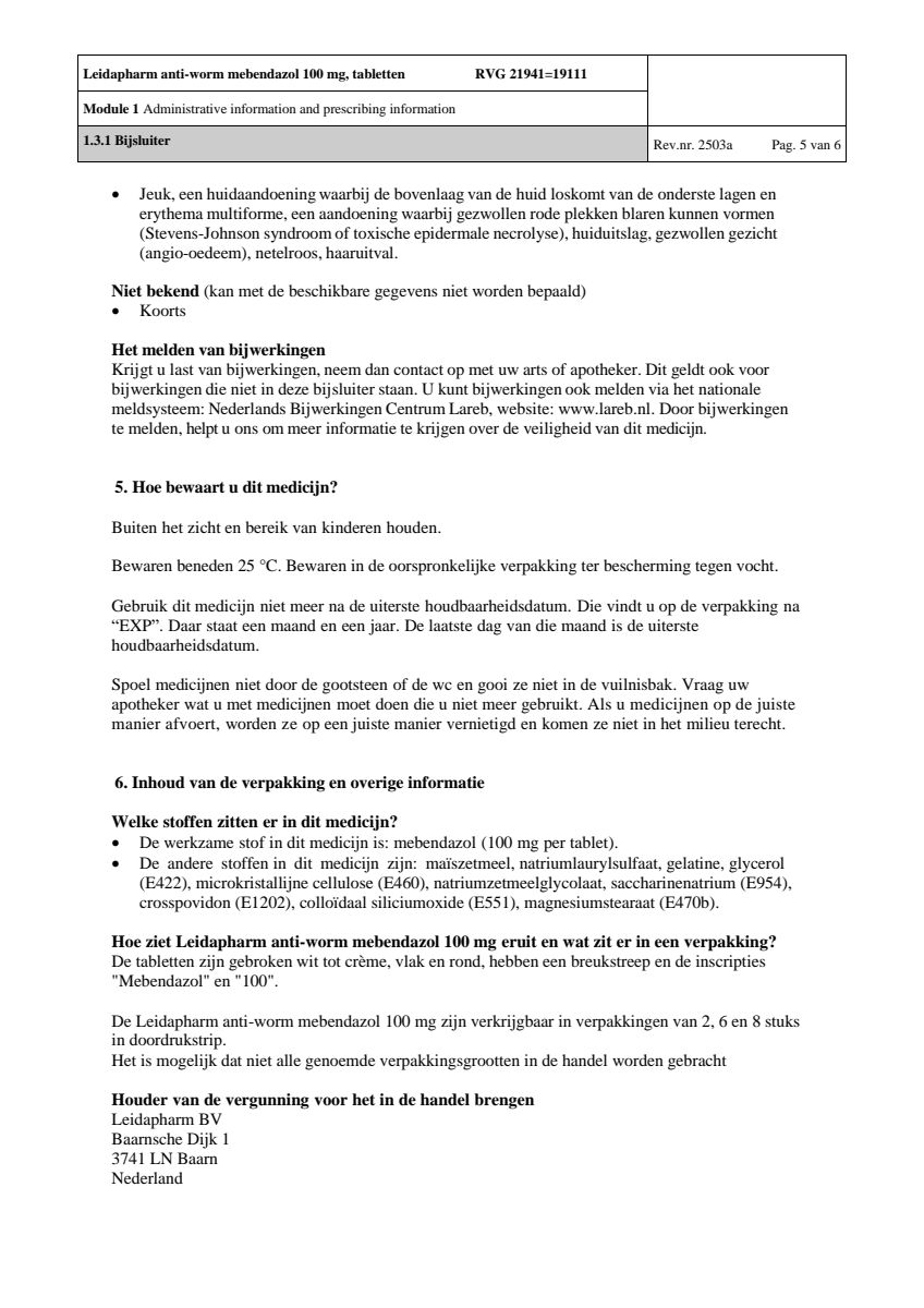 Anti Worm Mebendazol 100mg Tabletten afbeelding van document #5, leaflet
