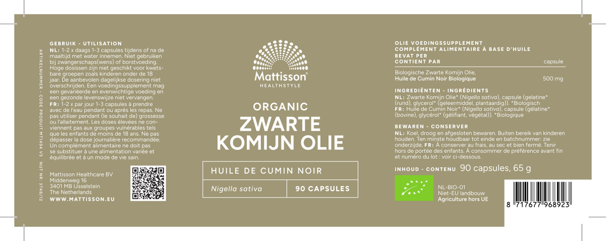 Organic Zwarte Komijn 500mg Capsules afbeelding van document #1, label