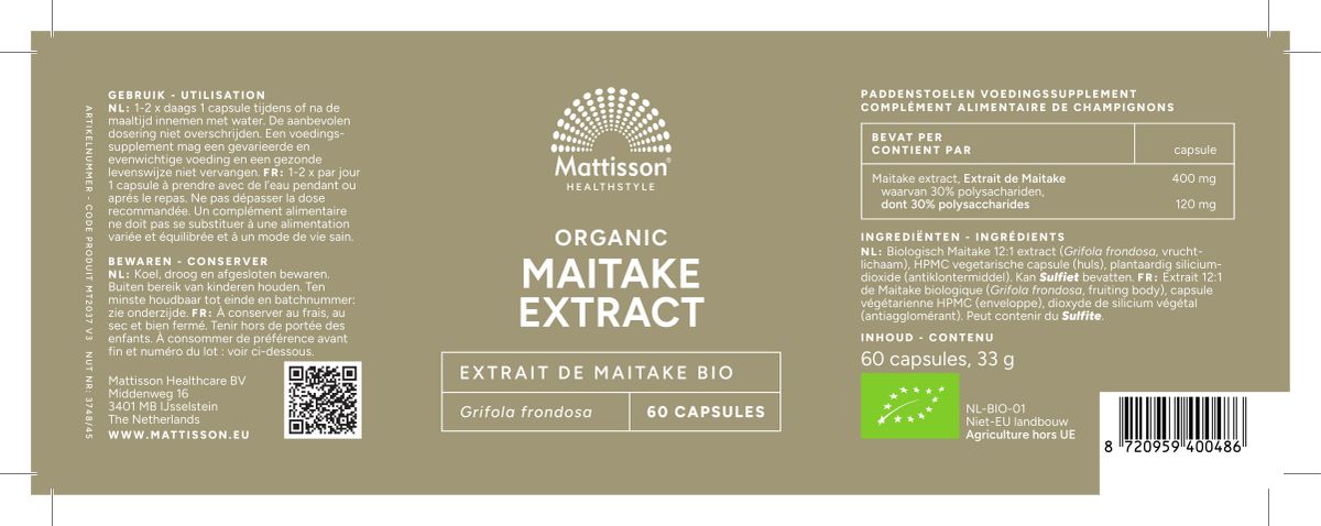 Biologische Maitake Capsules afbeelding van document #1, label
