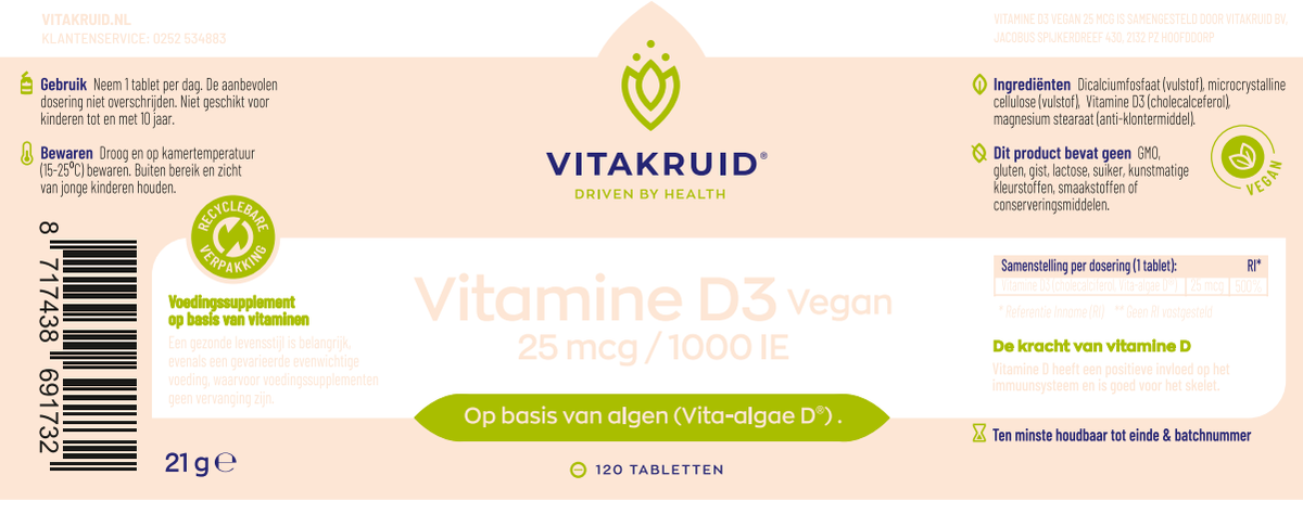 Vitamine D3 Vegan 25 mcg / 1000 IE afbeelding van document #1, label