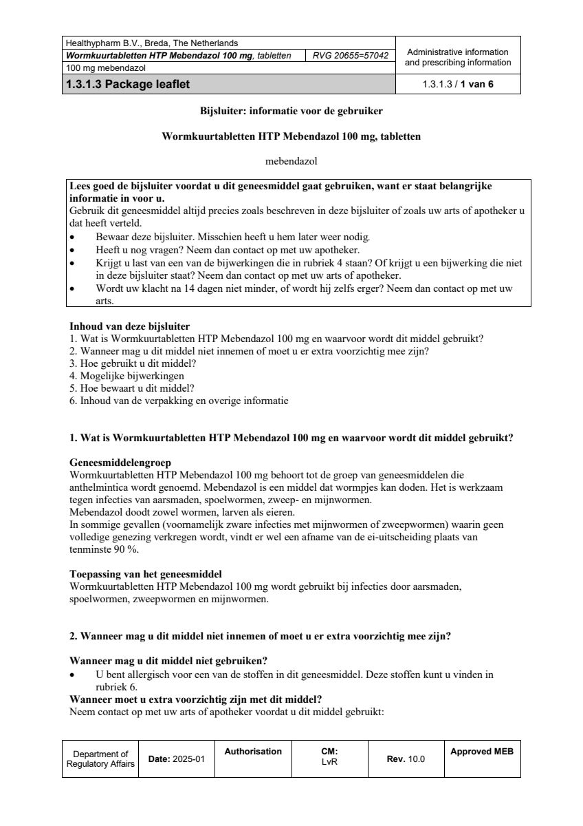 Wormkuurtabletten HTP Mebendazol 100mg afbeelding van document #1, leaflet