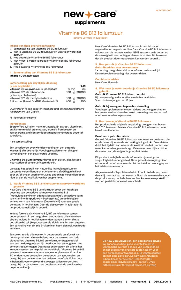Vitamine  B6, B12, Foliumzuur Zuigtabletten afbeelding van document #1, instructions