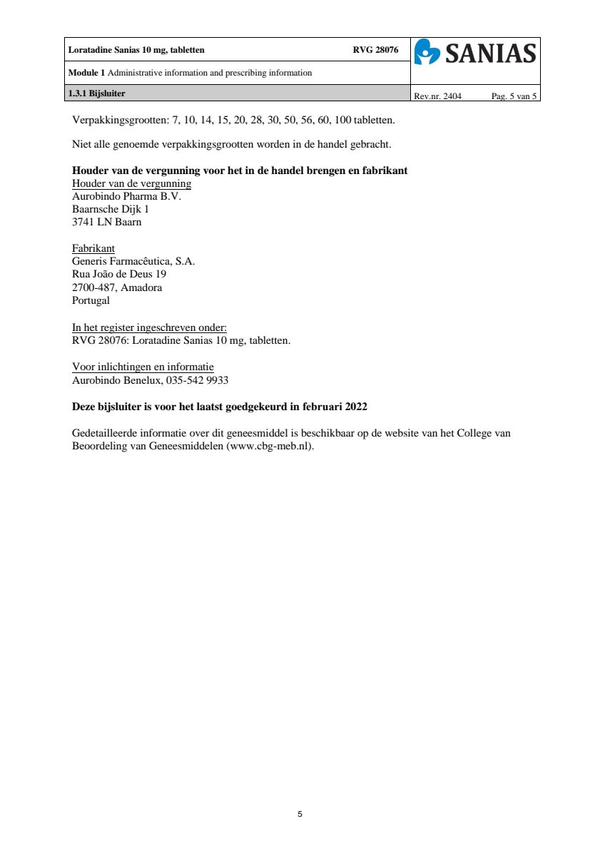 Loratadine 10mg Tabletten afbeelding van document #5, leaflet