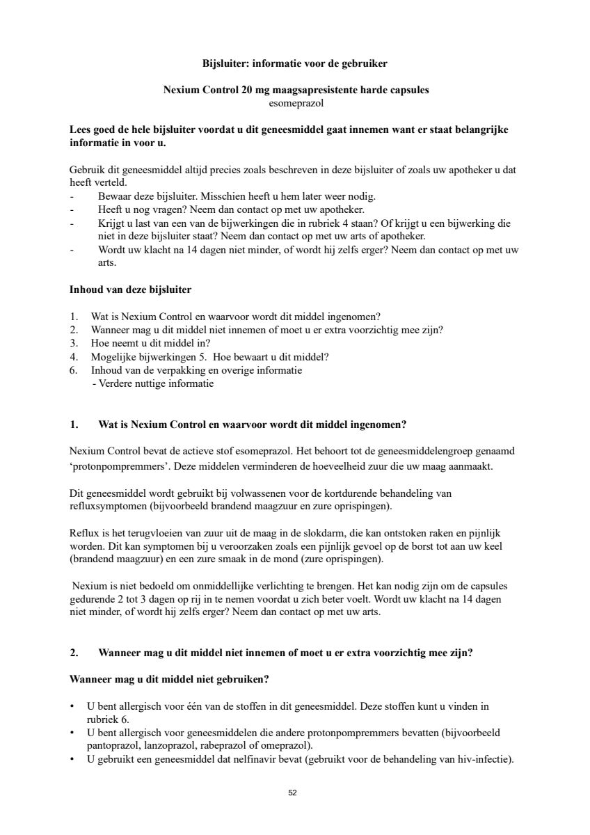 Control Tabletten 20mg Esomeprazo afbeelding van document #52, leaflet