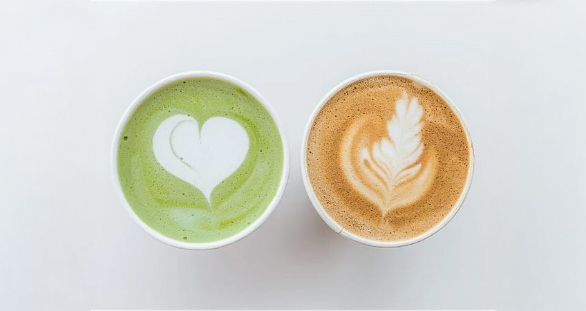 kopje matcha en koffie met latte art