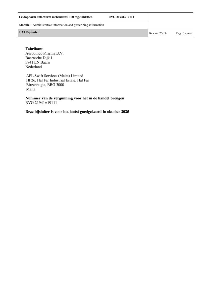 Anti Worm Mebendazol 100mg Tabletten afbeelding van document #6, leaflet