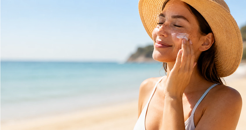 Vrouw brengt zonnebrandcrème aan op haar gezicht ter bescherming tegen de zon