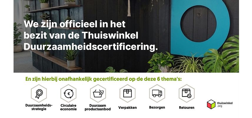Logo Thuiswinkel Duurzaamheidscertificering - getoetst op 6 duurzaamheidsthema's