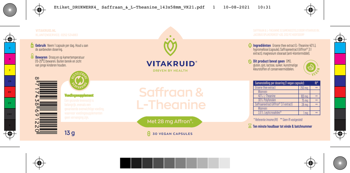 Saffraan 28 mg (Affron®) & L-Theanine Groene Thee afbeelding van document #1, label
