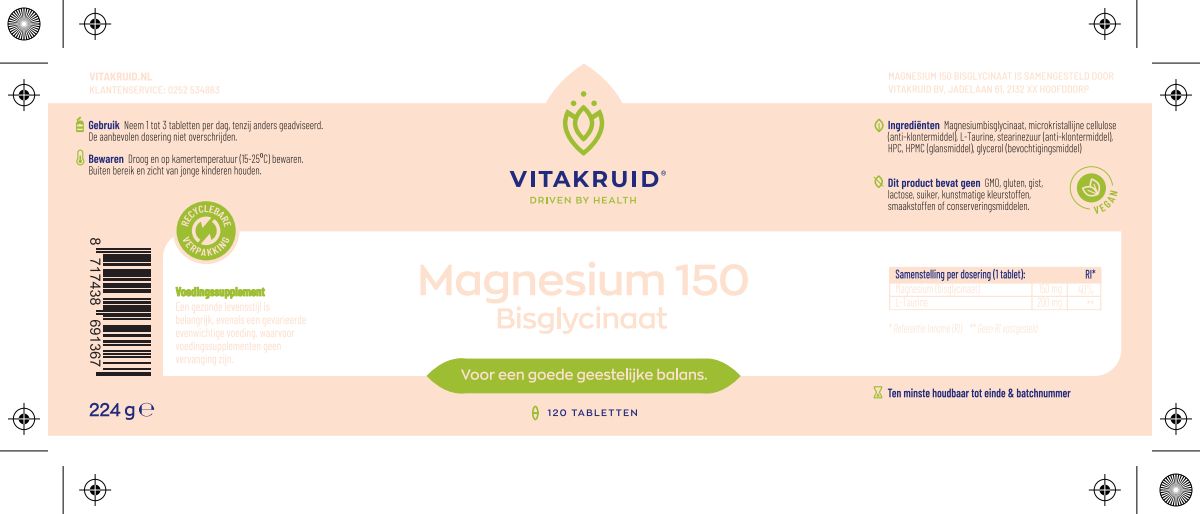 Magnesium 150 Bisglycinaat met 200mg L-Taurine Tabletten afbeelding van document #1, label