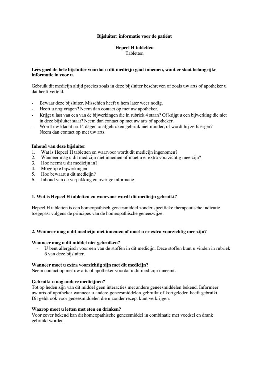 Hepeel H Tabletten afbeelding van document #1, leaflet