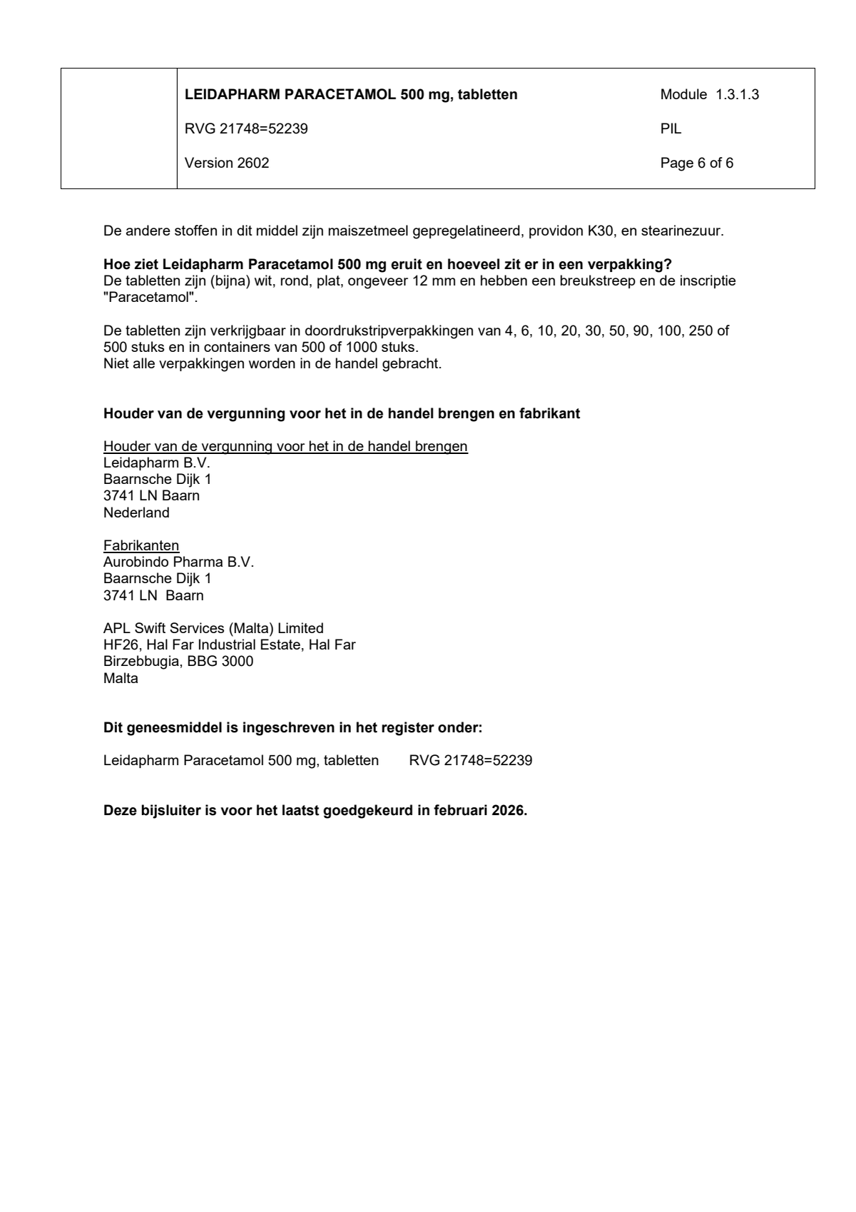 Paracetamol 500mg afbeelding van document #6, leaflet