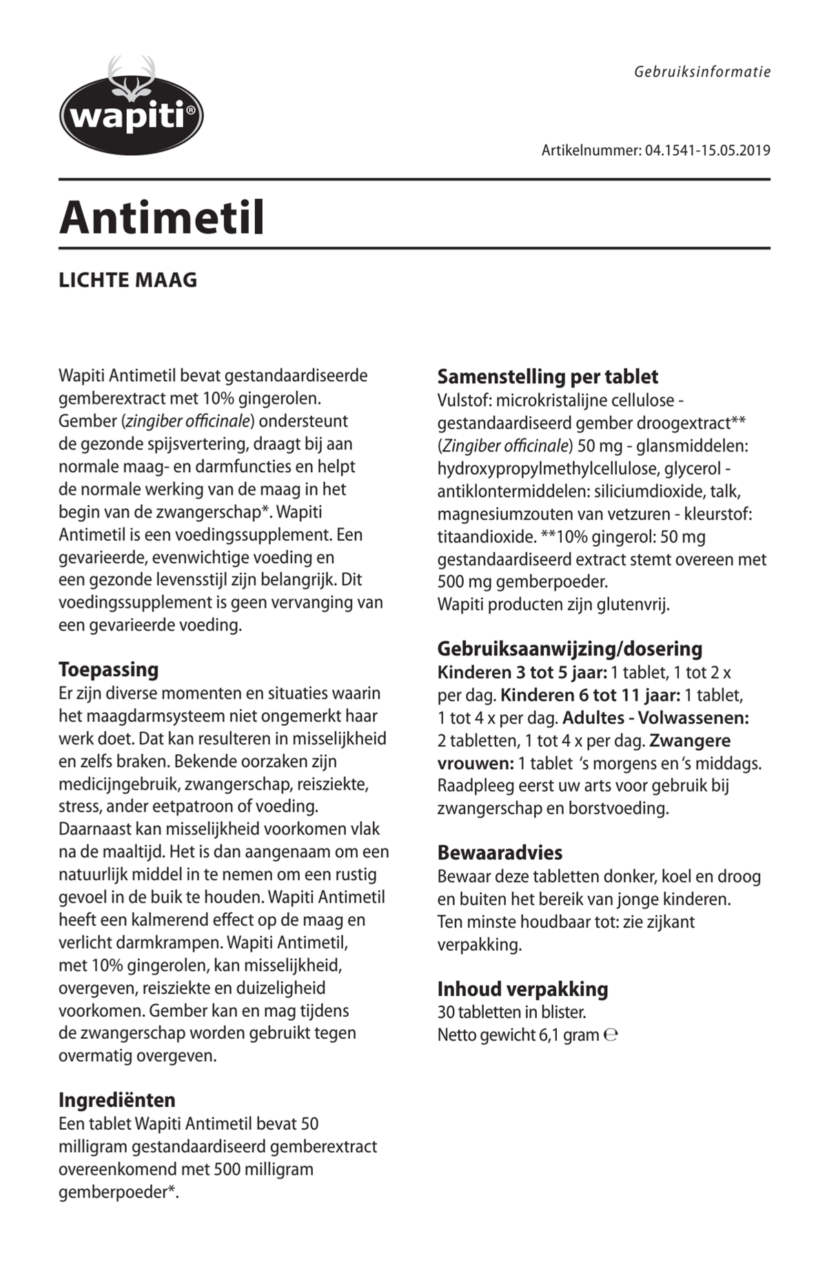 Antimetil Gember Tabletten afbeelding van document #1, instructions
