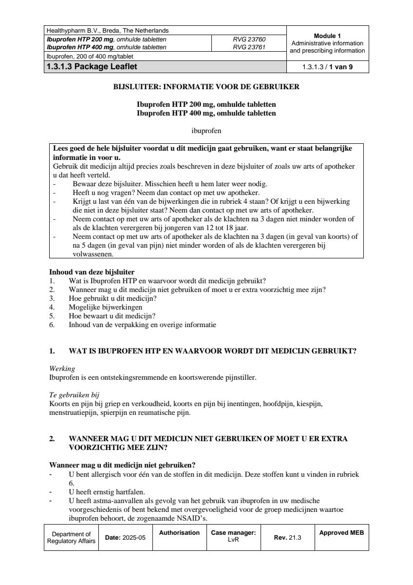 Ibuprofen HTP 400mg Tabletten afbeelding van document #1, leaflet