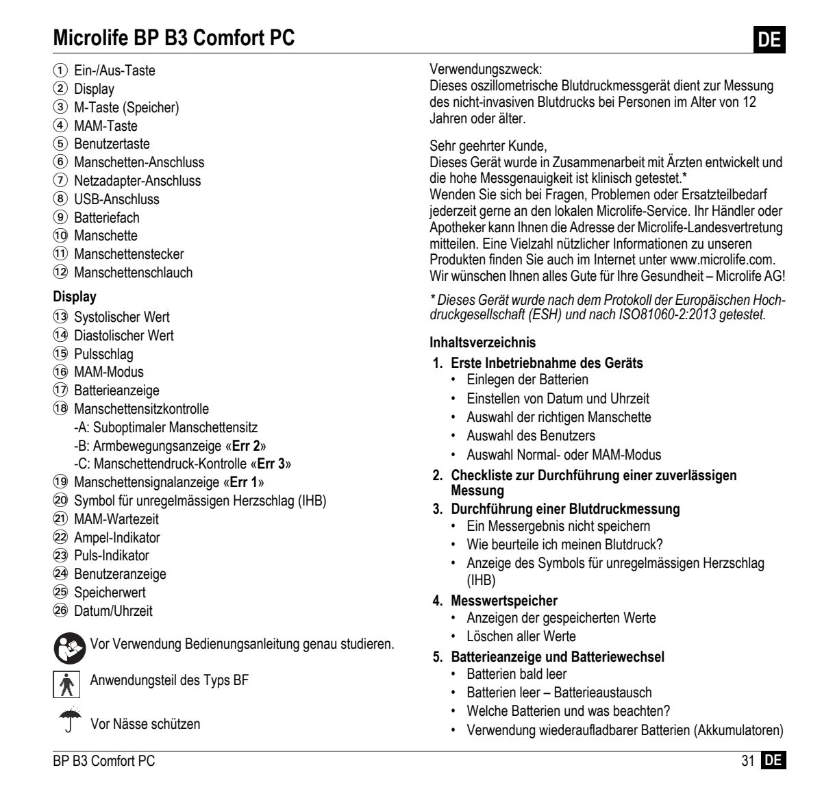 Microlife BP Bloeddrukmeter B3 Comfort PC afbeelding van document #33, instructions
