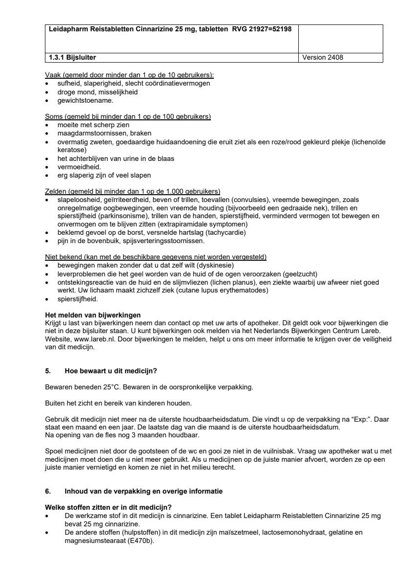 Reistabletten Cinnarizine 25 mg Tabletten afbeelding van document #4, leaflet