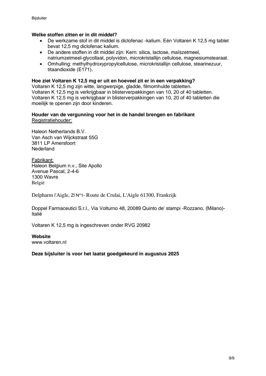 K 12,5 mg pijnstiller Filmomhulde Tabletten Diclofenac-Kalium afbeelding van document #9, leaflet