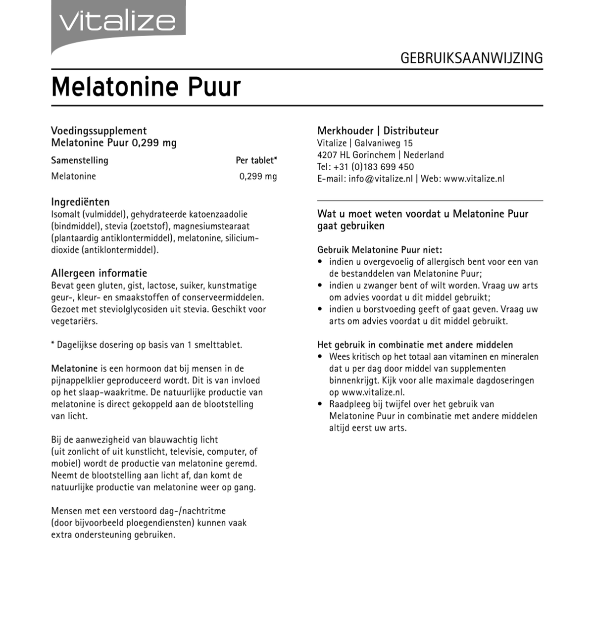 Melatonine Puur 0,299 mg Tabletten afbeelding van document #1, instructions