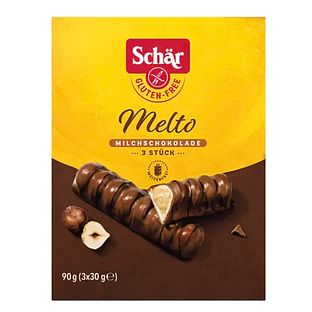 Schar Melto Melkchocolade Hazelnoot Repen 90GR Schar Melto Melkchocolade Hazelnoot Repen 90GR
