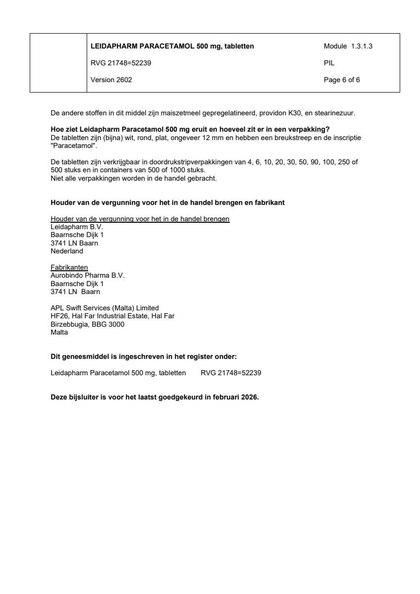 Paracetamol 500mg afbeelding van document #6, leaflet