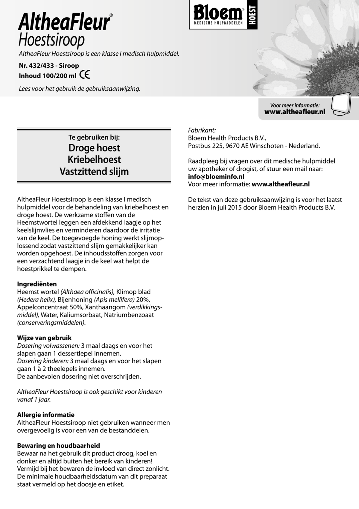 AltheaFleur Hoestsiroop afbeelding van document #1, instructions
