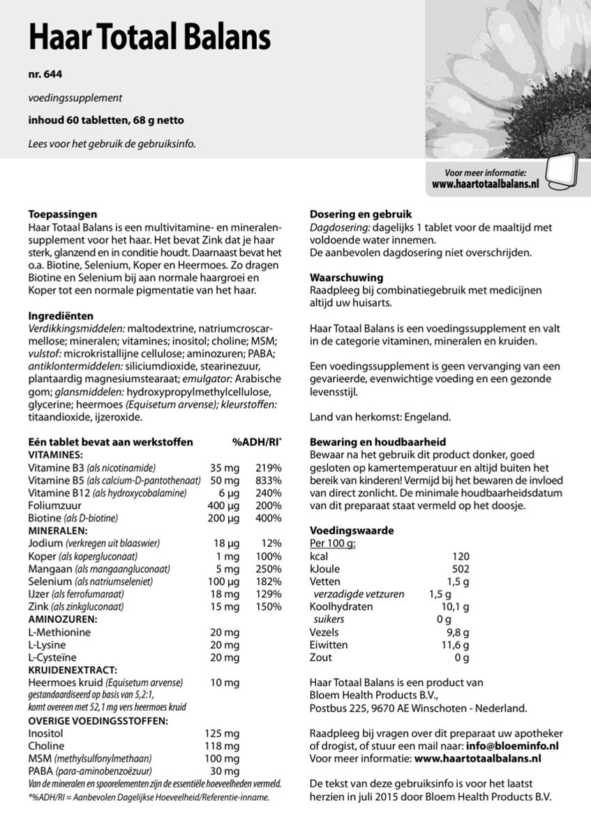 Haar Totaal Balans Tabletten afbeelding van document #1, instructions