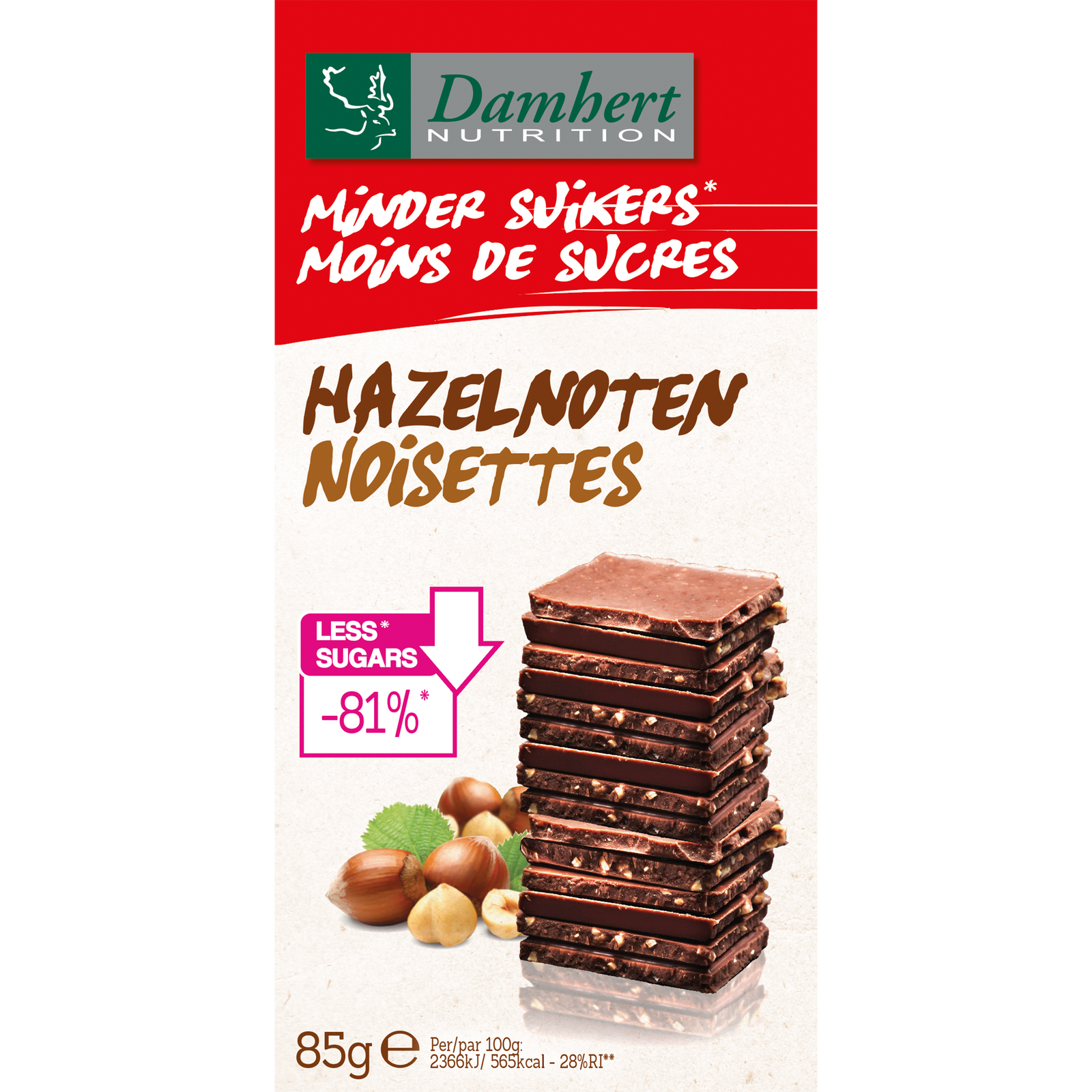 Damhert Minder Suikers Chocoladetablet Hazelnoten afbeelding
