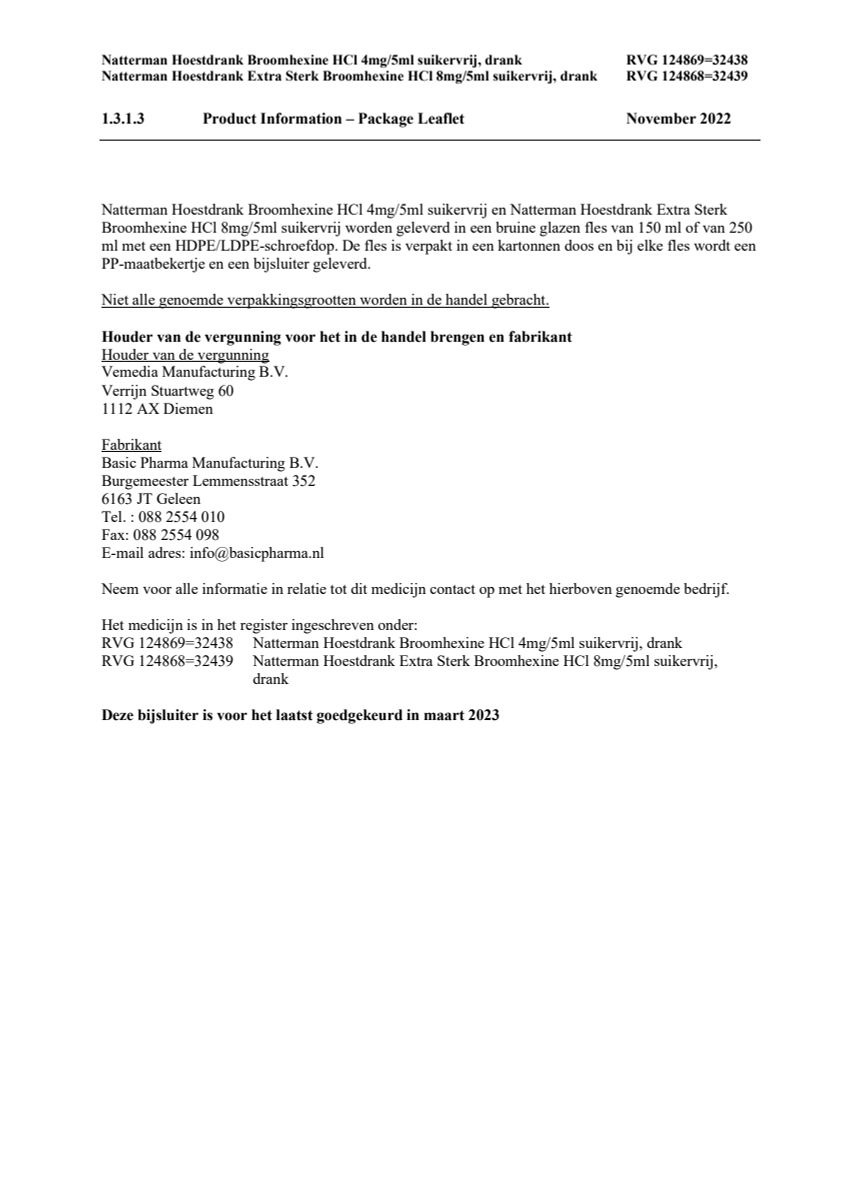 Hoestdrank Broomhexine HCI 4mg/5ml suikervrij afbeelding van document #6, leaflet