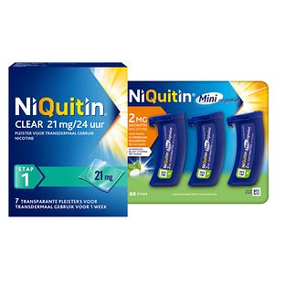 Niquitin Minizuigtabletten Mint 2.0mg + Clear Pleisters 21mg Stap 1 7ST Combi 2ST Niquitin Minizuigtabletten Mint 2.0mg + Clear Pleisters 21mg Stap 1 7ST Combi 2ST