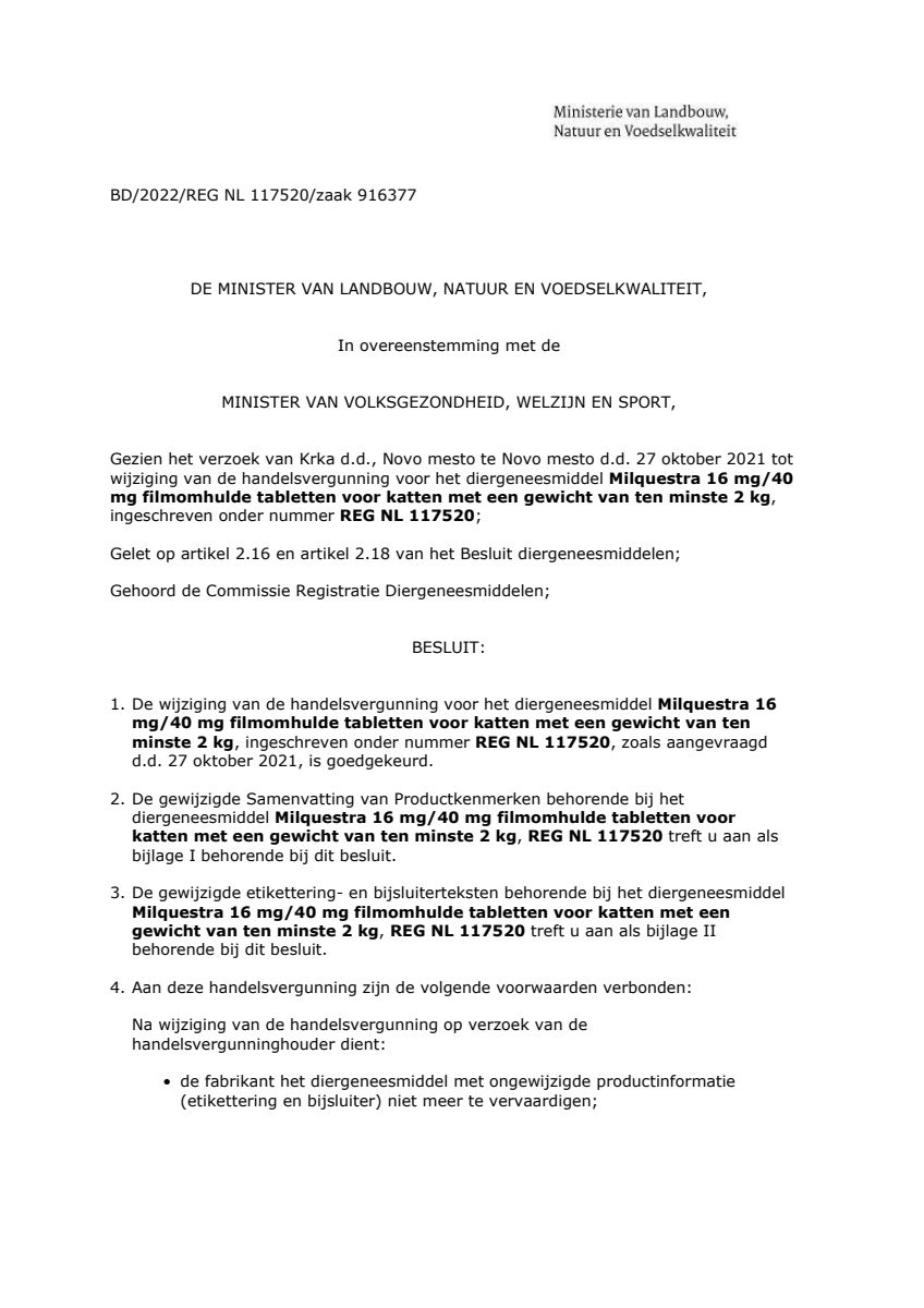 Milquestra Ontwormingsmiddel Katten vanaf 2KG afbeelding van document #1, leaflet