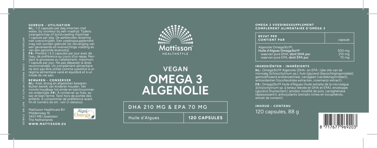 Vegan Omega 3 Algenolie DHA 210mg & EPA 70mg Capsules afbeelding van document #1, label