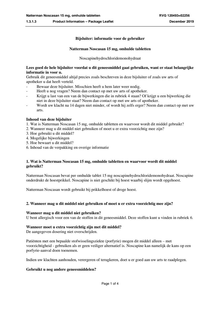 Noscasan 15 mg bij prikkelhoest of droge hoest Tabletten afbeelding van document #1, leaflet