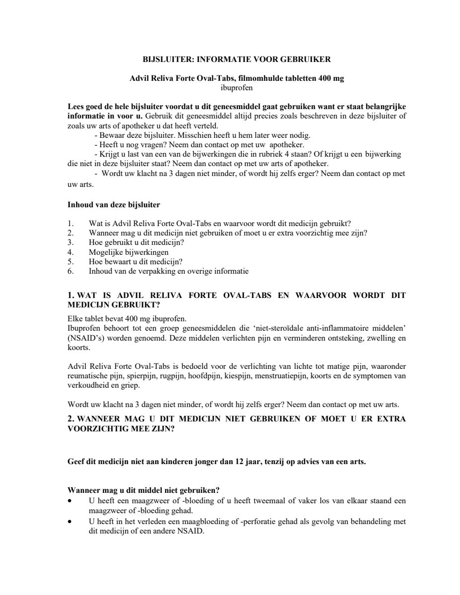 Reliva Forte Oval Tabs 400 mg - voor pijn en koorts afbeelding van document #1, leaflet