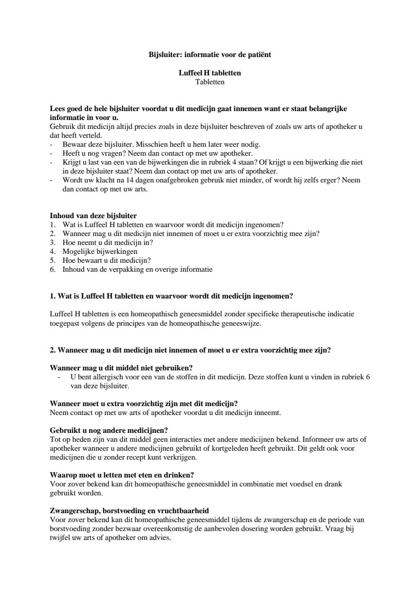 Luffeel H Tabletten afbeelding van document #1, leaflet
