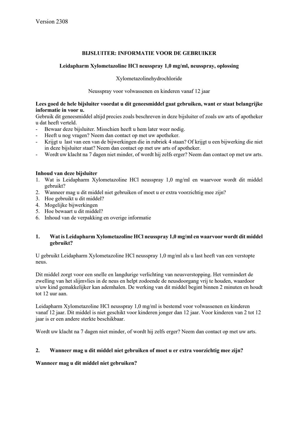 Neusspray Xylometazoline HCl 1 mg/ml afbeelding van document #1, leaflet