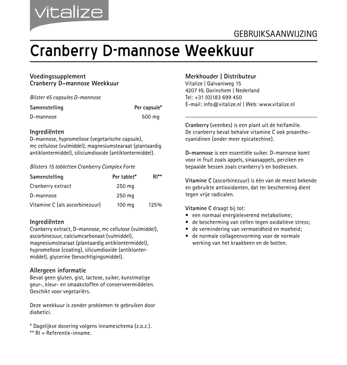 Cranberry D-mannose Weekkuur Capsules & Tabletten afbeelding van document #1, instructions