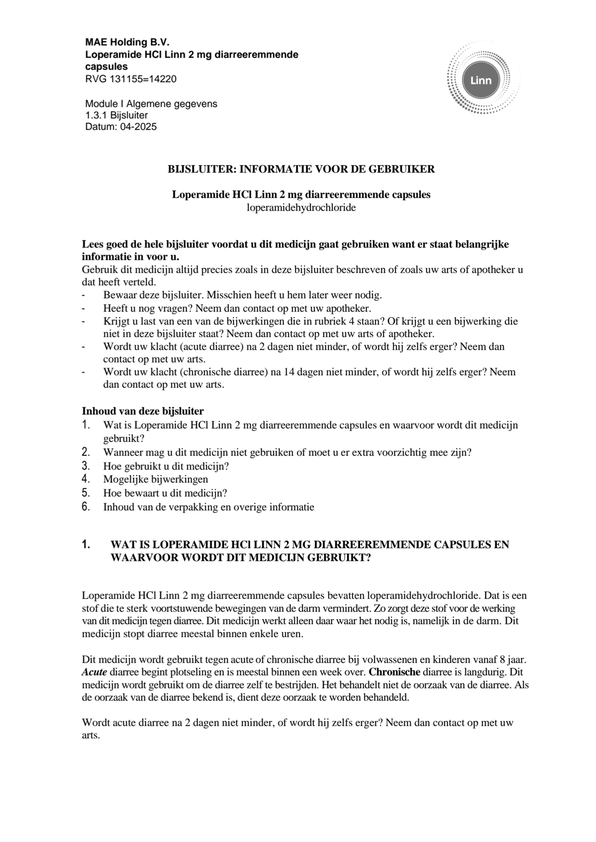 Loperamide Diarreeremmende Capsules afbeelding van document #1, leaflet