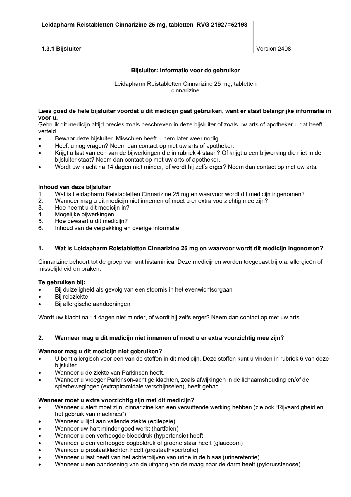 Reistabletten Cinnarizine 25 mg Tabletten afbeelding van document #1, leaflet