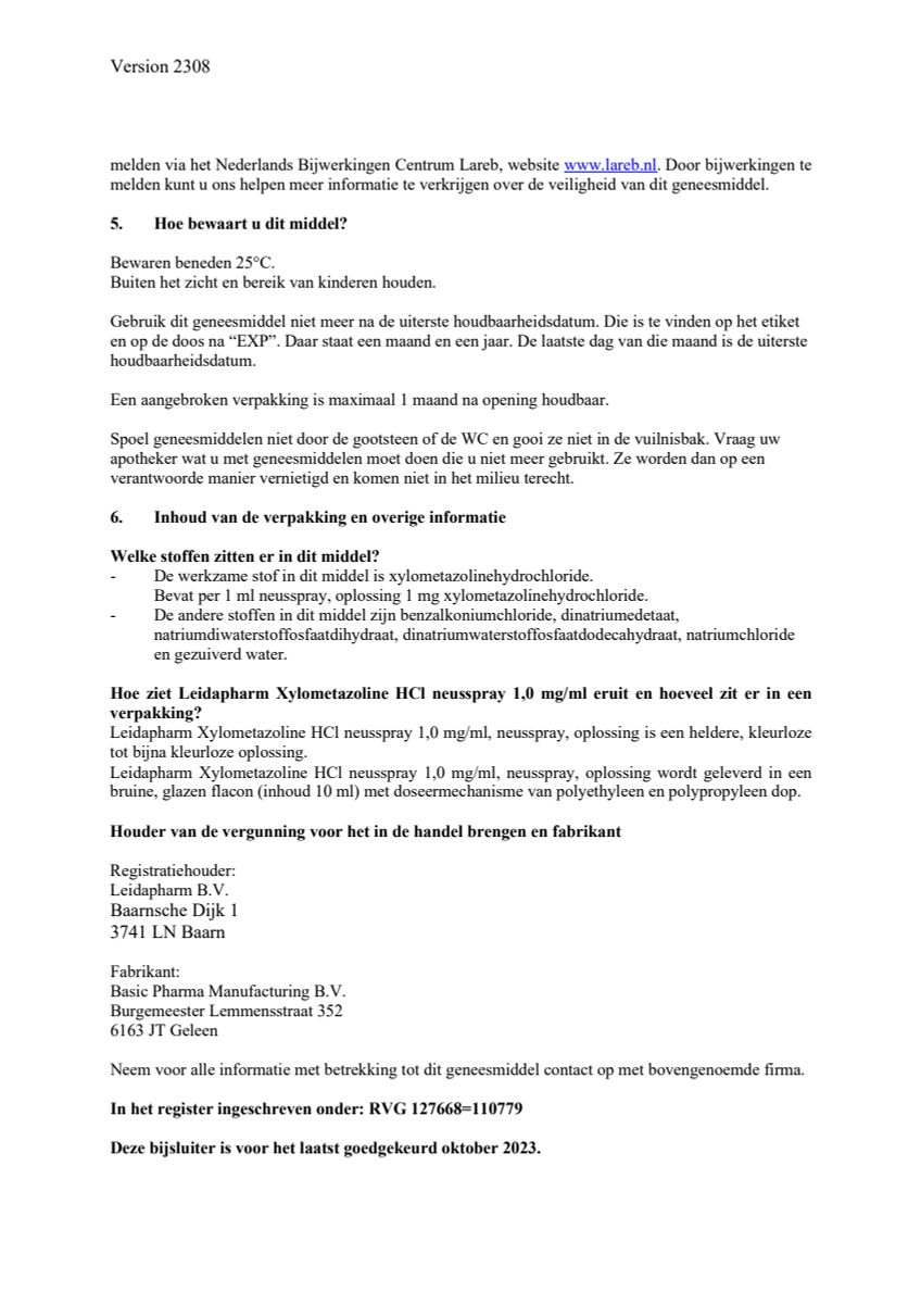 Neusspray Xylometazoline HCl 1 mg/ml afbeelding van document #5, leaflet