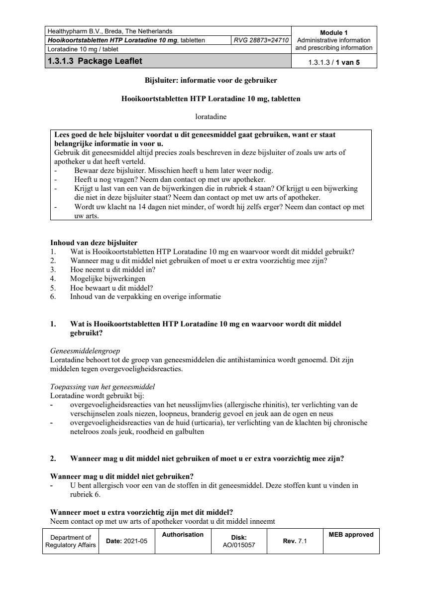 Loratadine Hooikoortstabletten - Bij hooikoorts en vergelijkbare allergische reacties afbeelding van document #1, leaflet