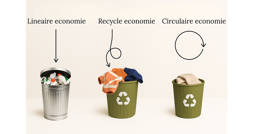 Drie prullenbakken tonen verschil tussen lineaire, recycle- en circulaire economie aan de hand van afval en kleding.