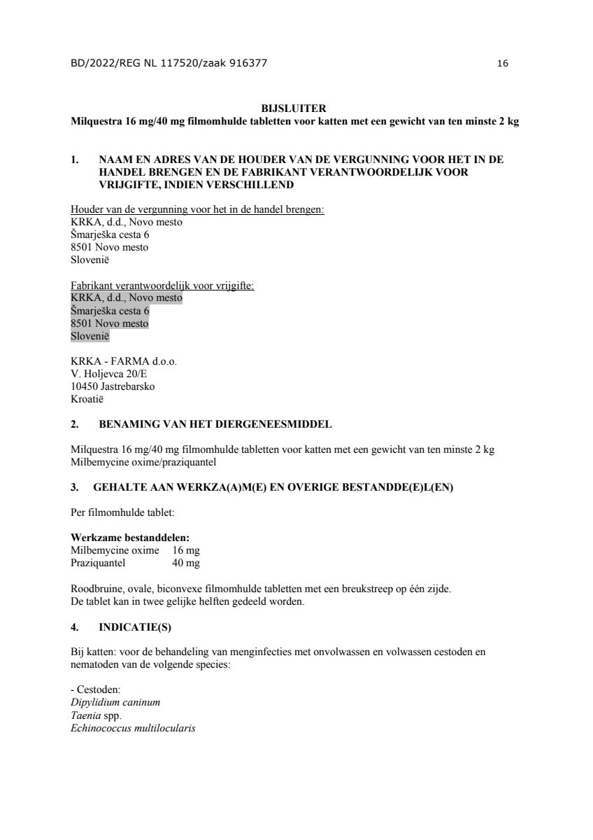 Milquestra Ontwormingsmiddel Katten vanaf 2KG afbeelding van document #16, leaflet