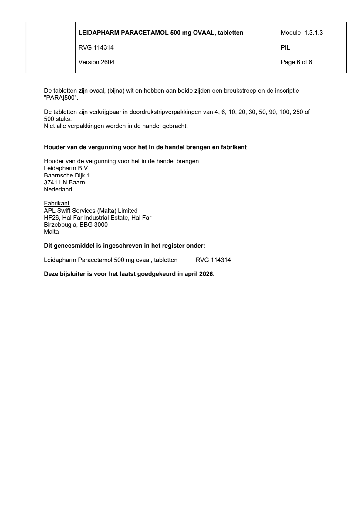 Leida Paracetamol Ovaal 500mg afbeelding van document #6, leaflet