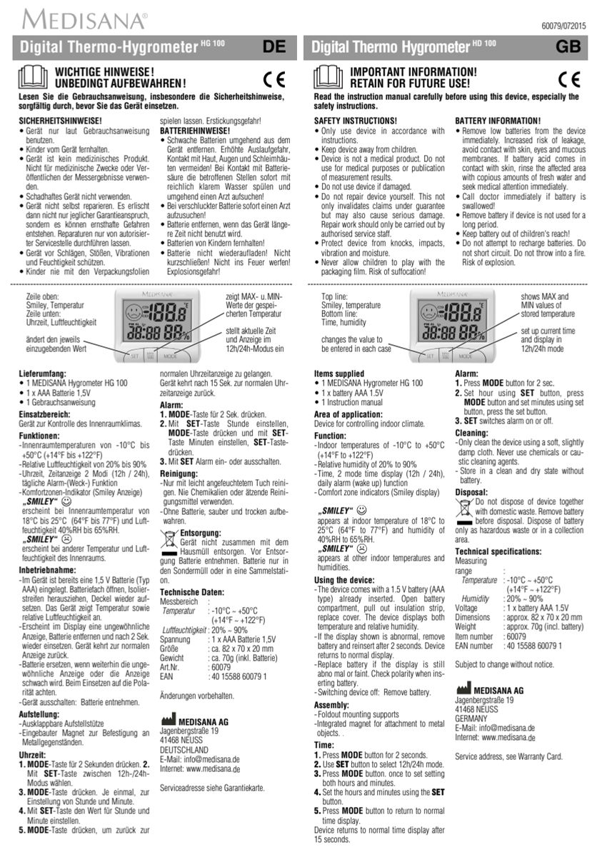 HG 100 Digitale thermohygrometer afbeelding van document #1, instructions